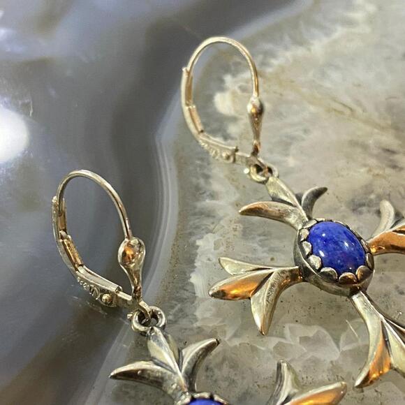 Carolyn Pollack Southwestern Style Sterling Lapis Squash Blossom Dangle Earrings - Picture 3 of 10